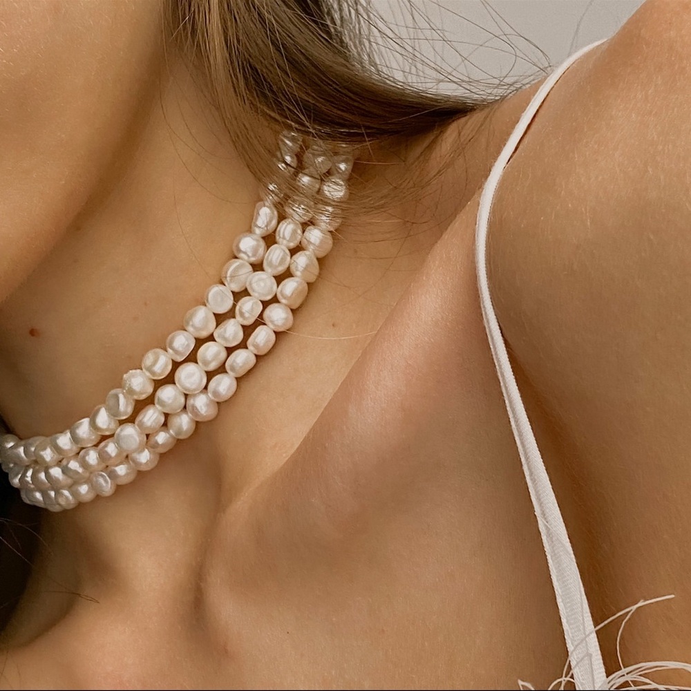 Triple strand freshwater pearl choker necklace 925 sterling clasp